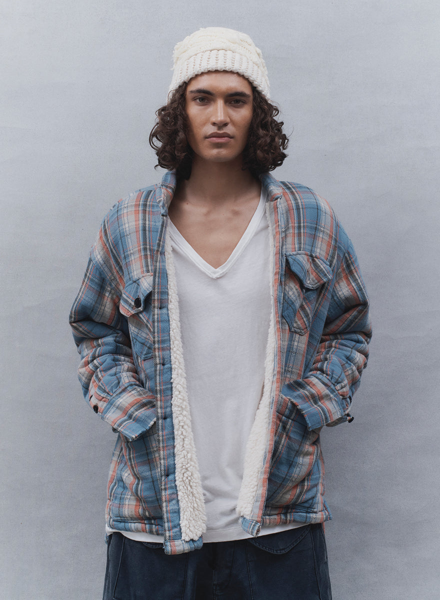 FADED BLUE SHERPA LINED BOXY FADED BLUE PLAID